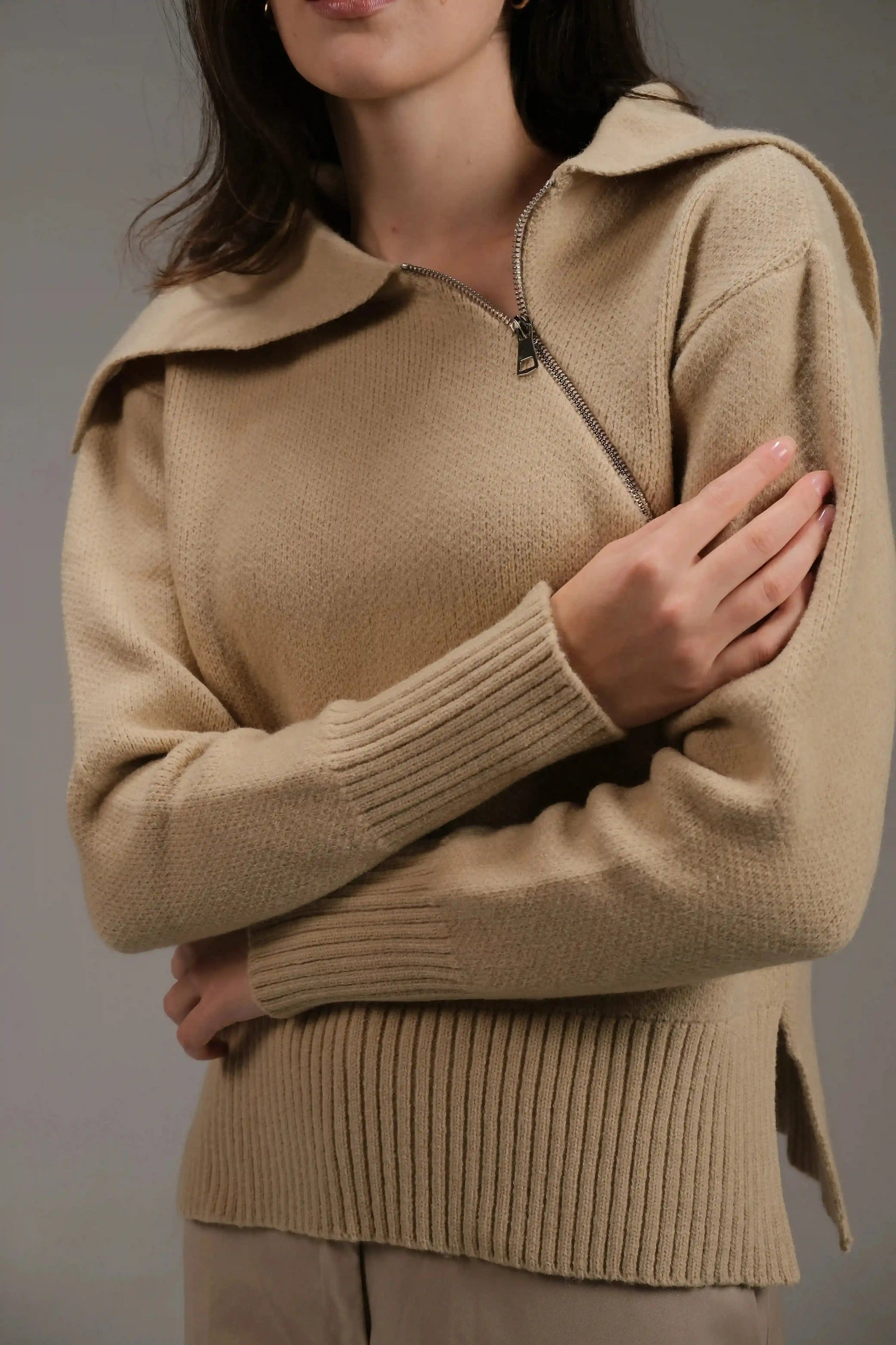 Knitted Cotton Top in Beige - A&Suz