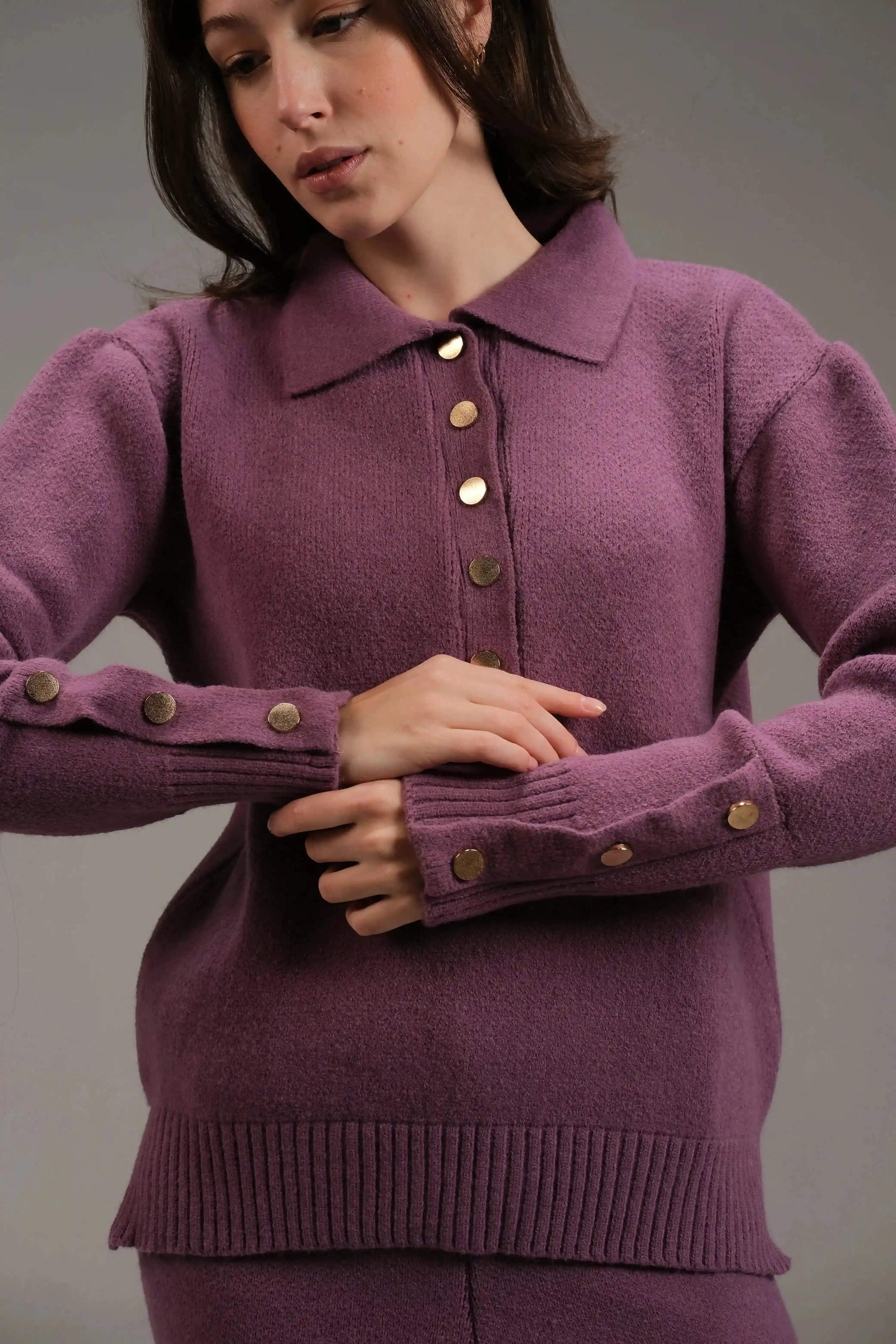 Knitted Cotton Buttoned Top in Purple - A&Suz