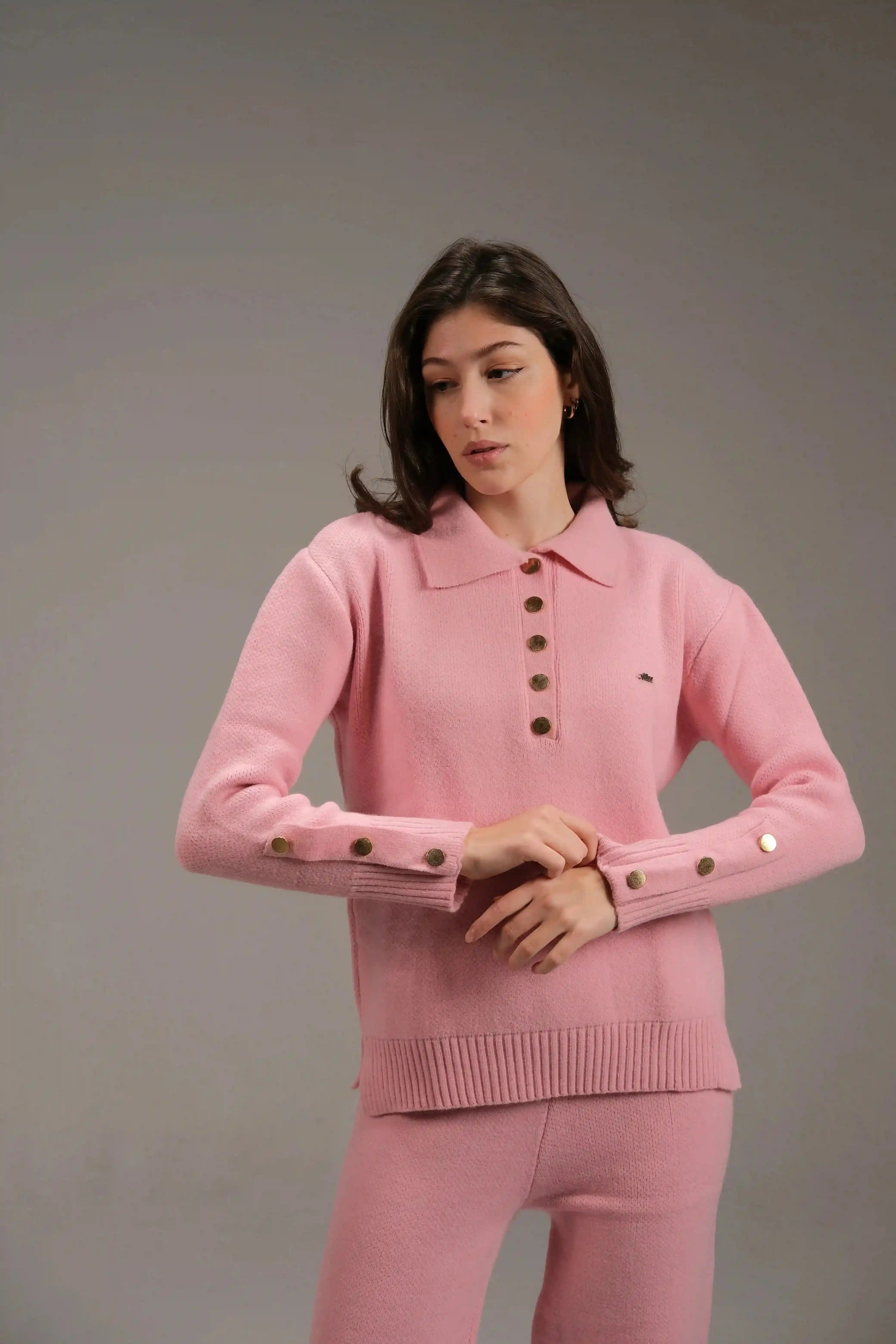 Knitted Cotton Buttoned Top in Pink - A&Suz