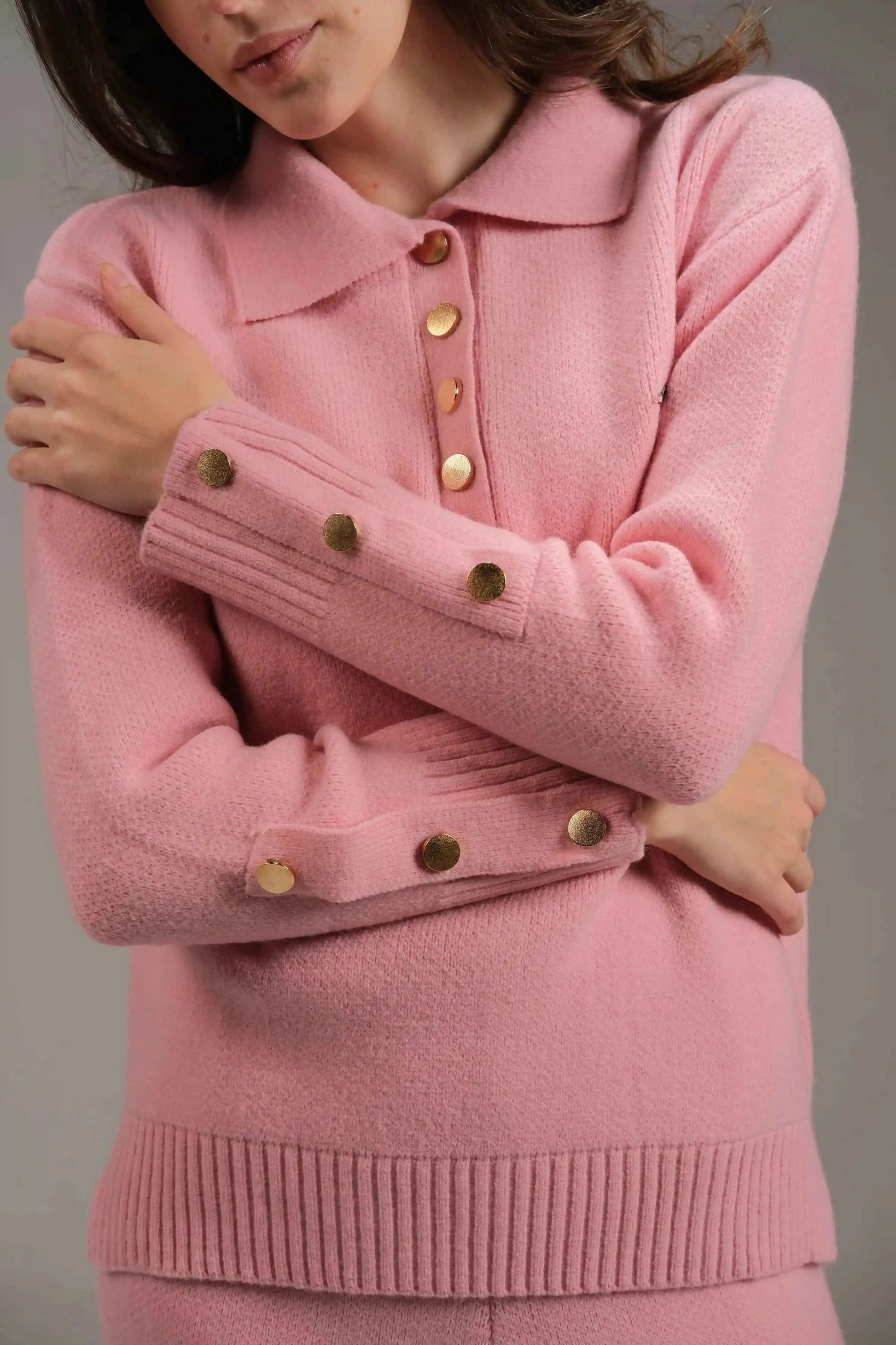 Knitted Cotton Buttoned Top in Pink - A&Suz