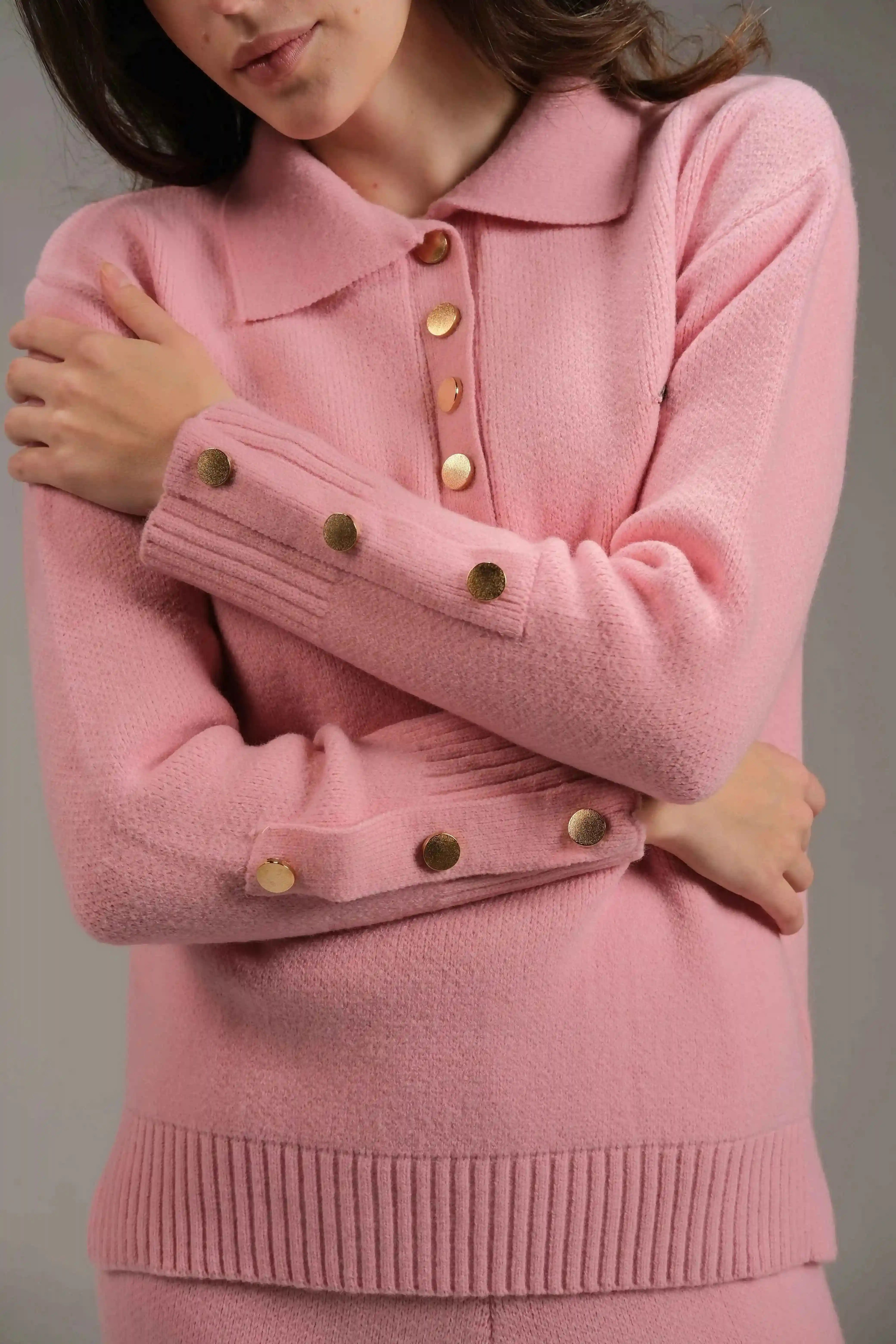 Knitted Cotton Buttoned Top in Pink - A&Suz