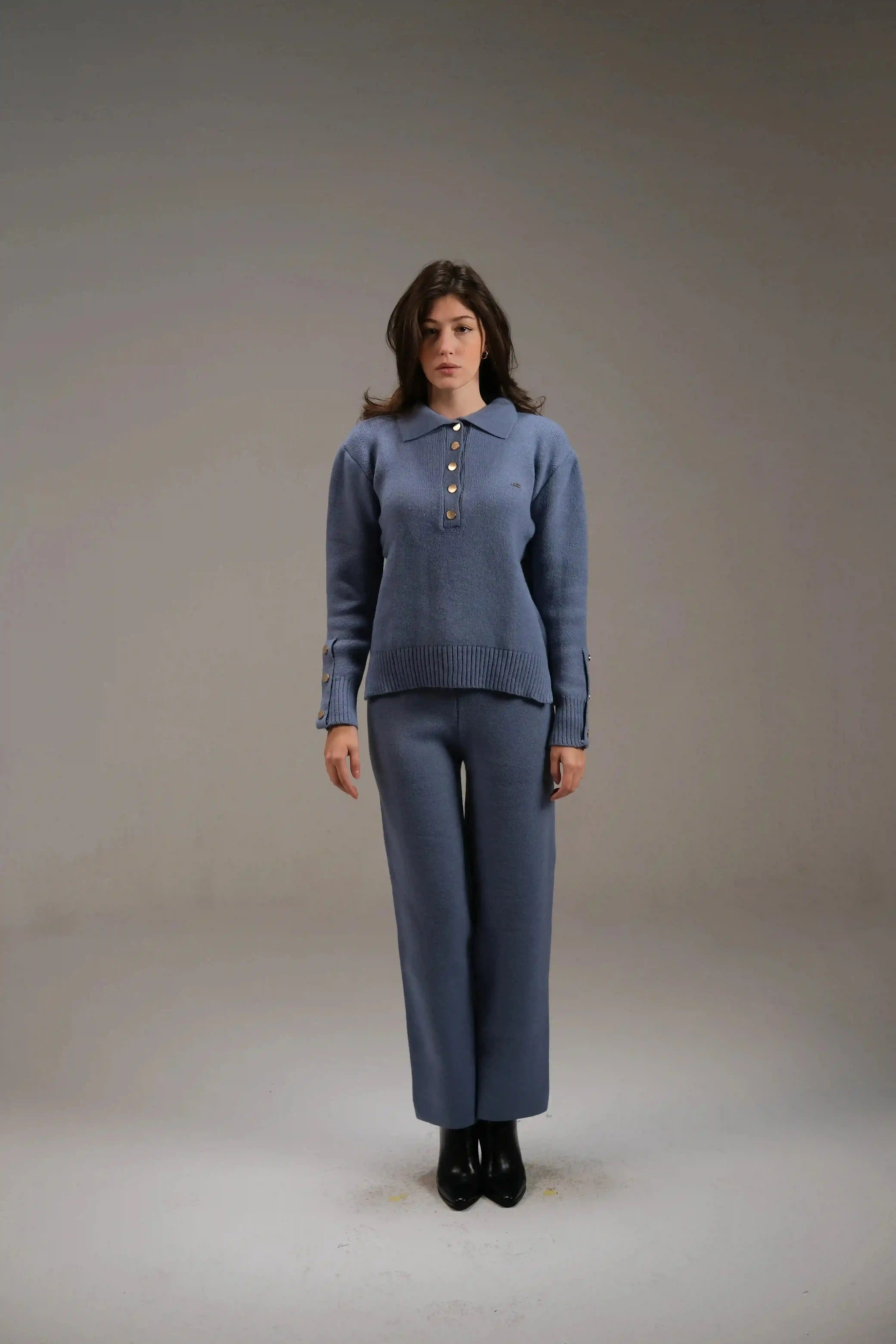 Knitted Cotton Buttoned Top in Blue - A&Suz