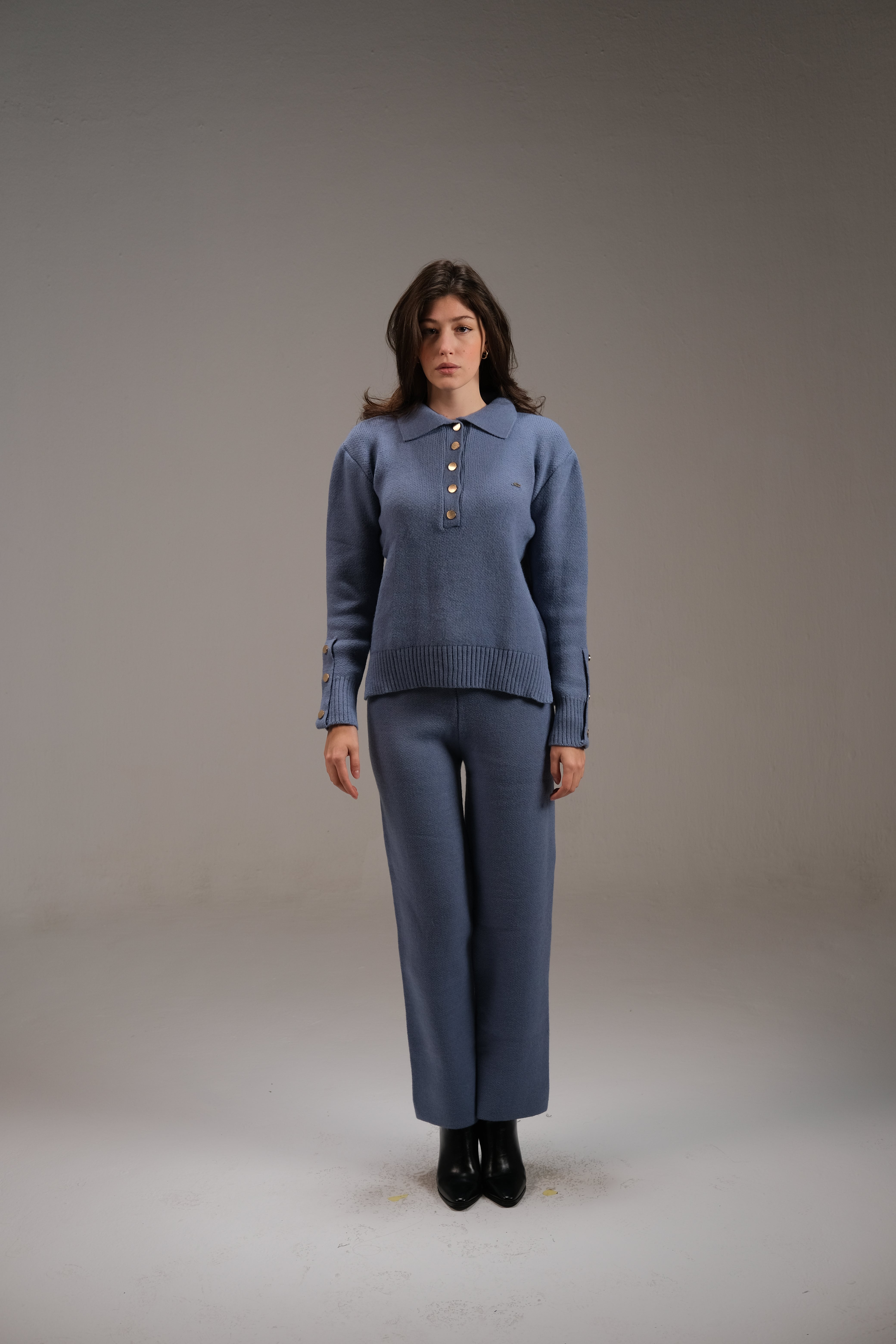 Knitted Cotton Buttoned Top in Blue