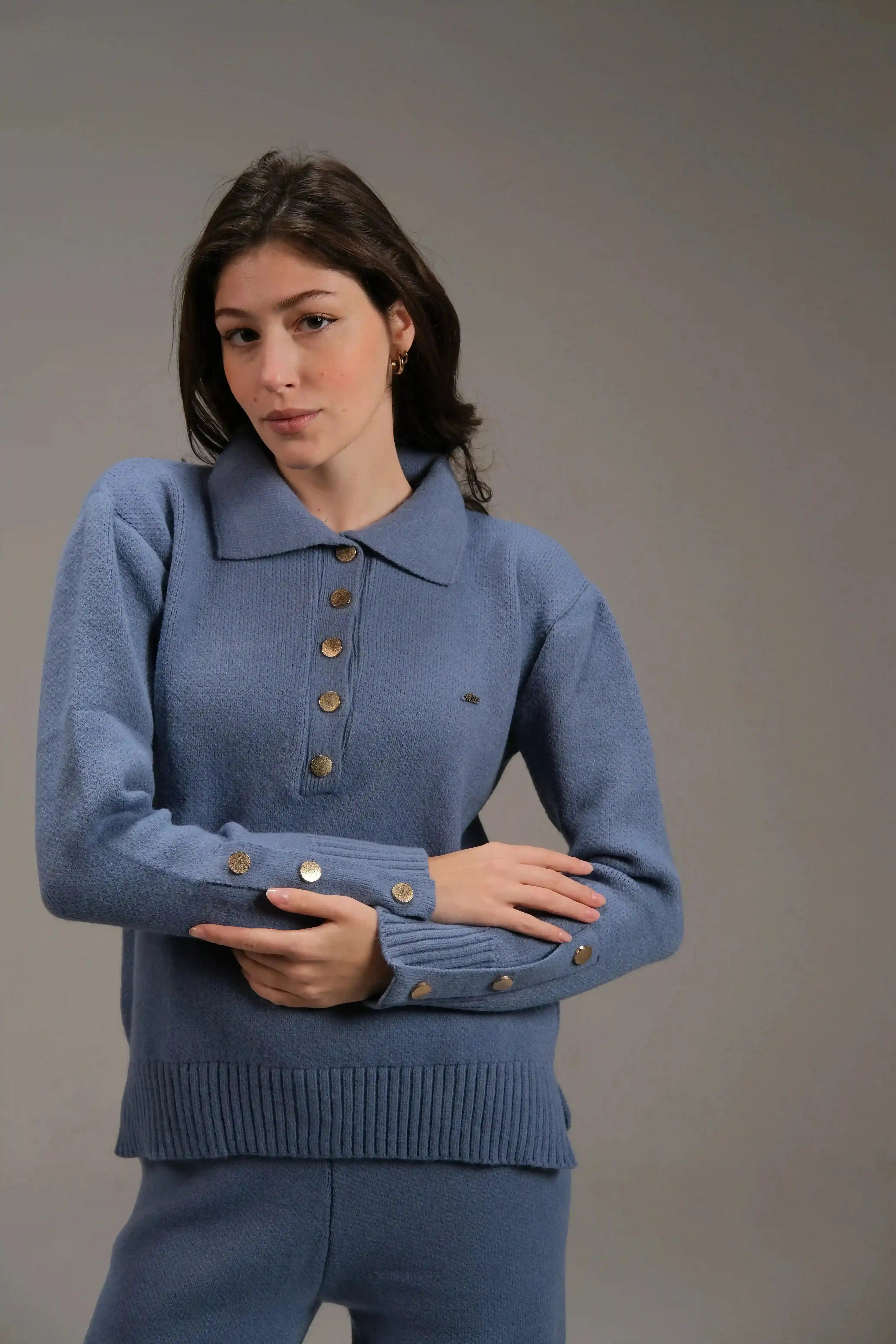 Knitted Cotton Buttoned Top in Blue - A&Suz