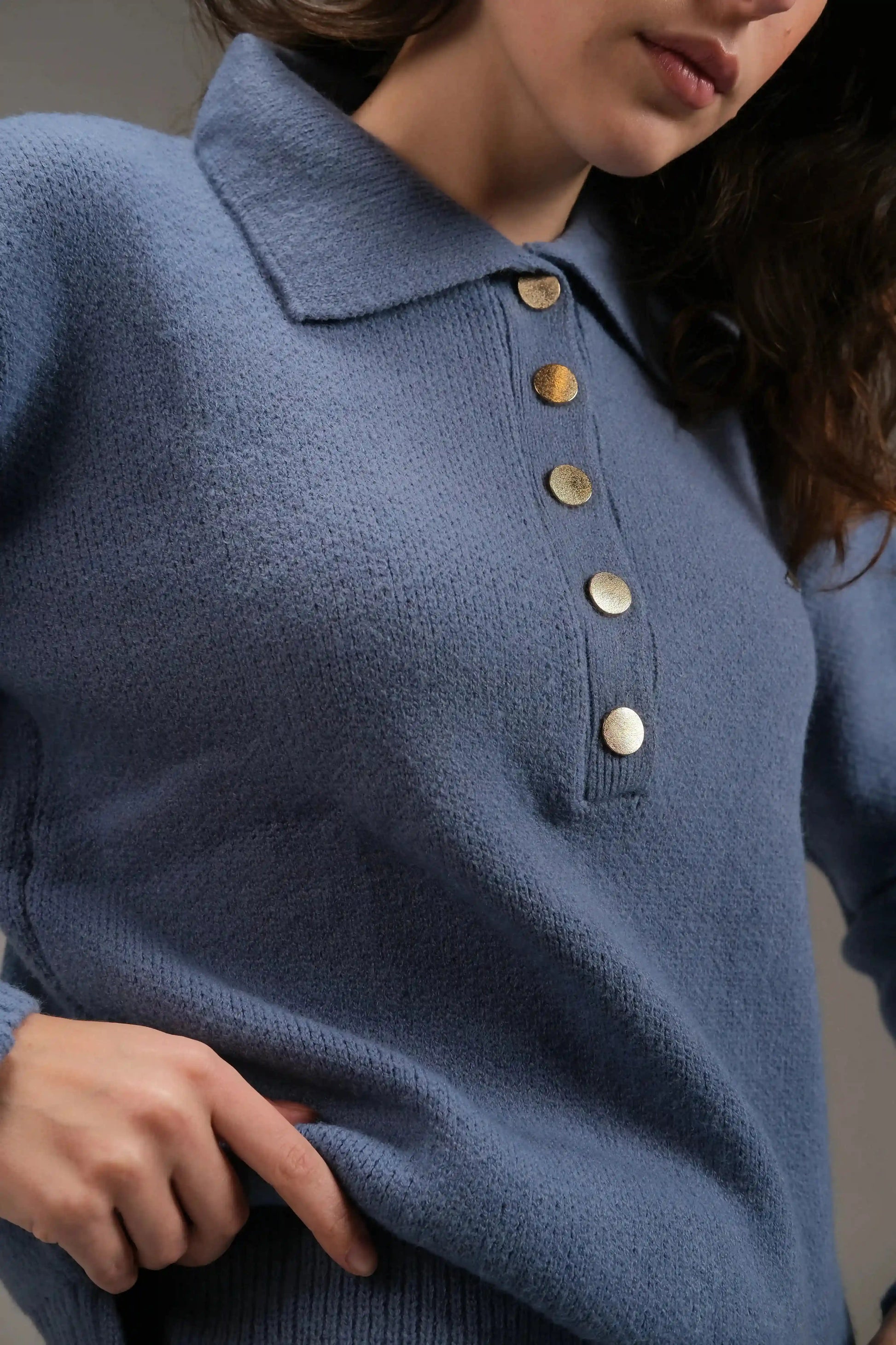 Knitted Cotton Buttoned Top in Blue - A&Suz