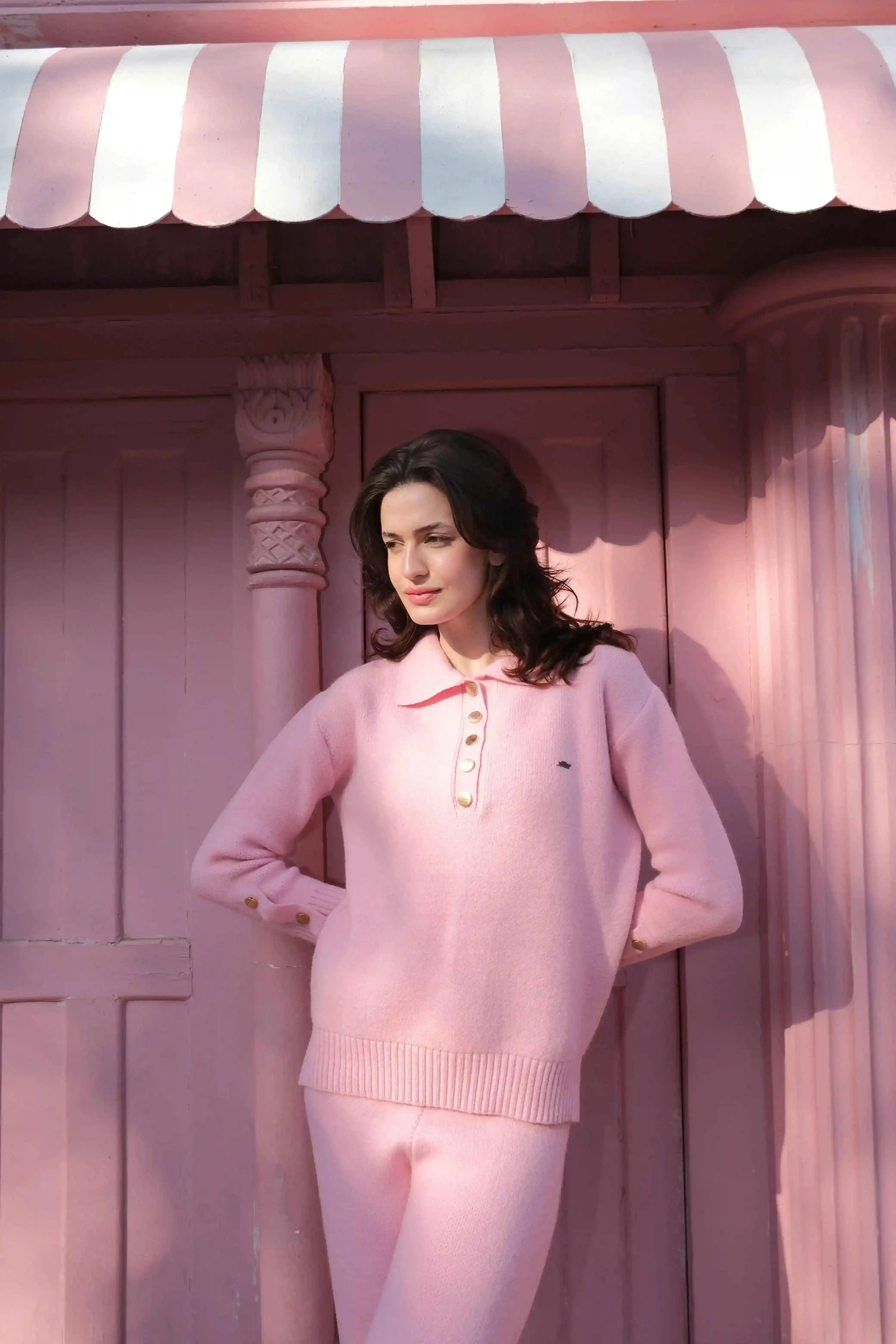 Knitted Cotton Buttoned Top in Pink - A&Suz
