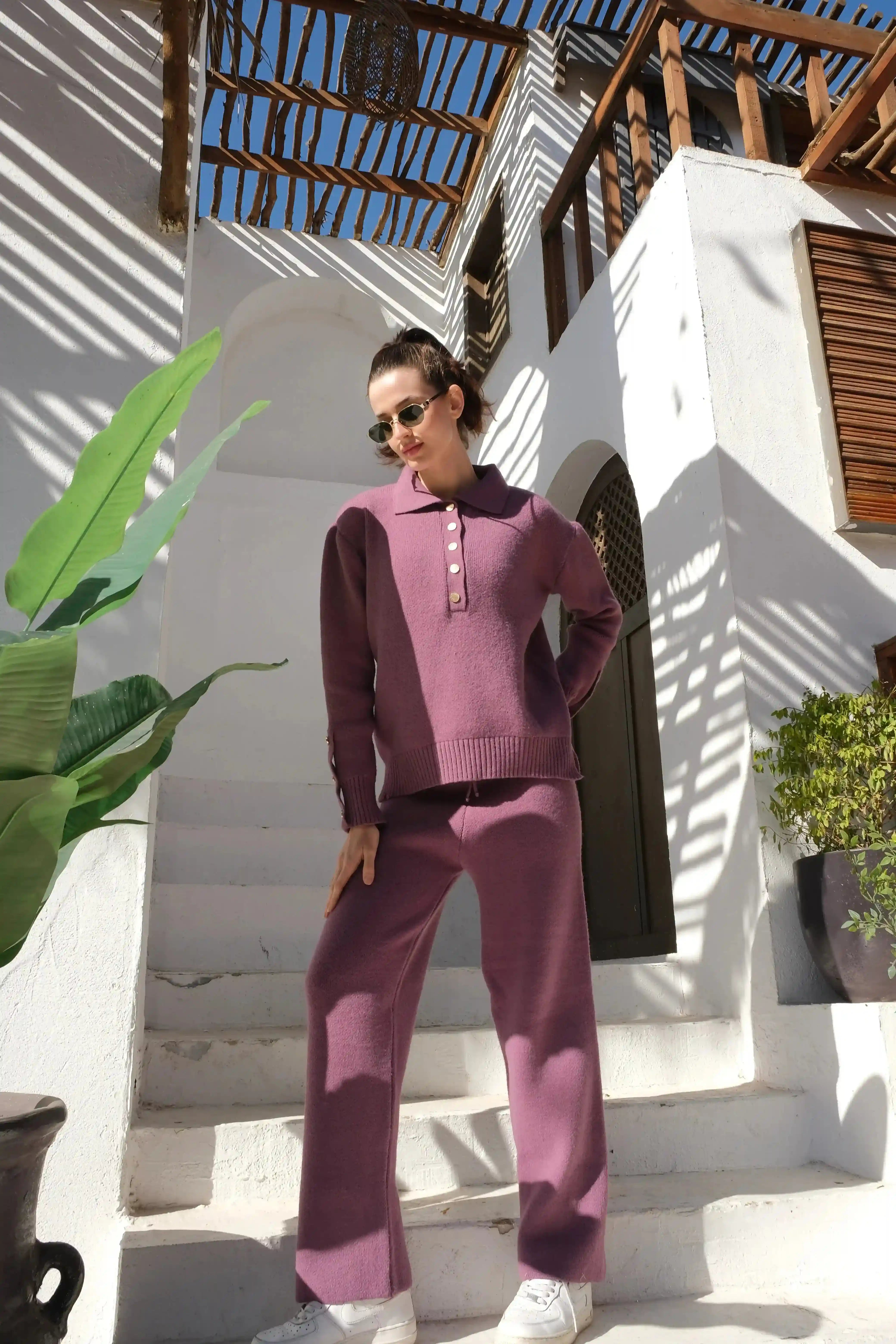 Knitted Cotton Buttoned Top in Purple - A&Suz